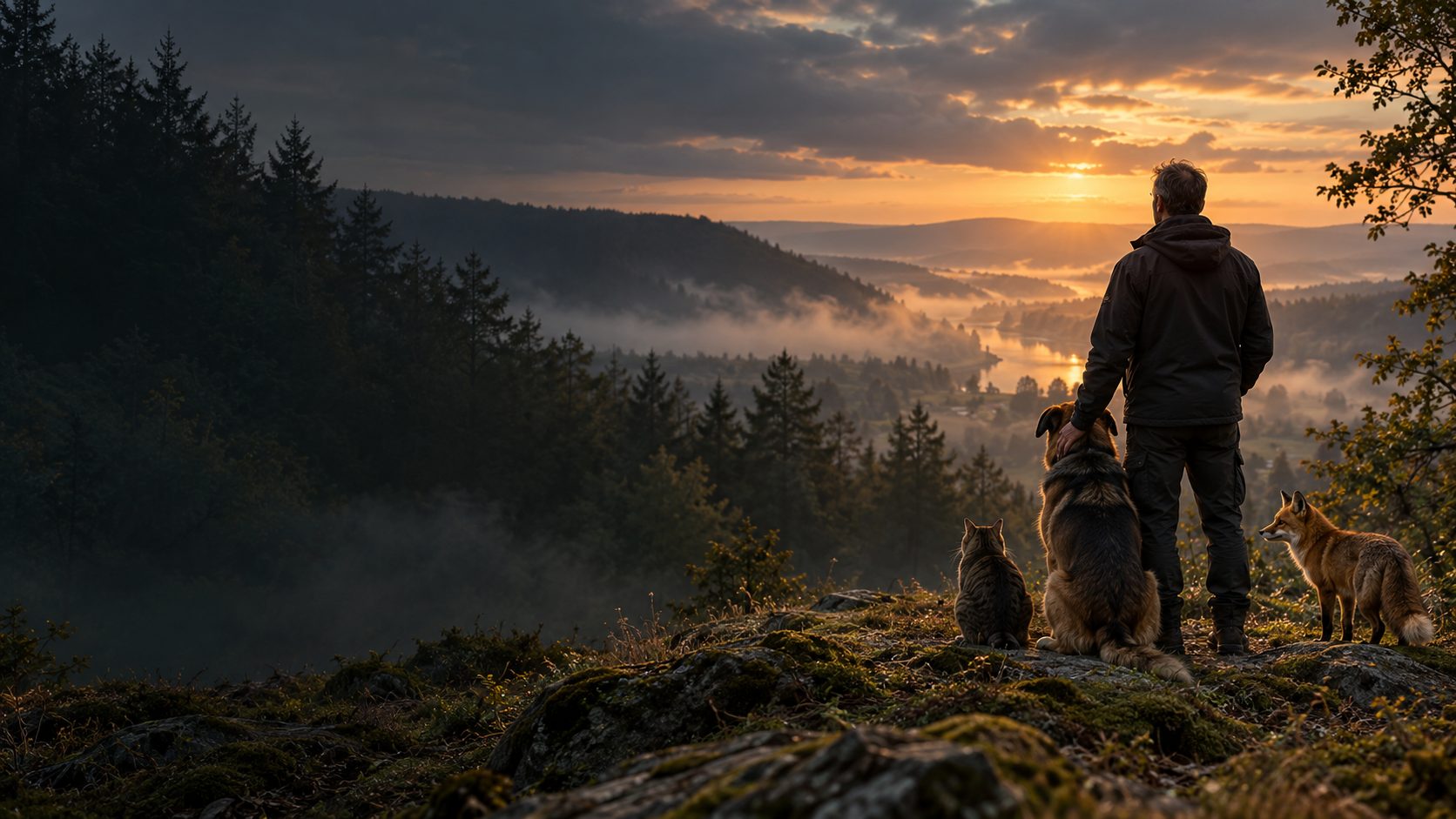 Mensch mit Hund, Katze und Fuchs blickt bei Sonnenuntergang über ein Tal